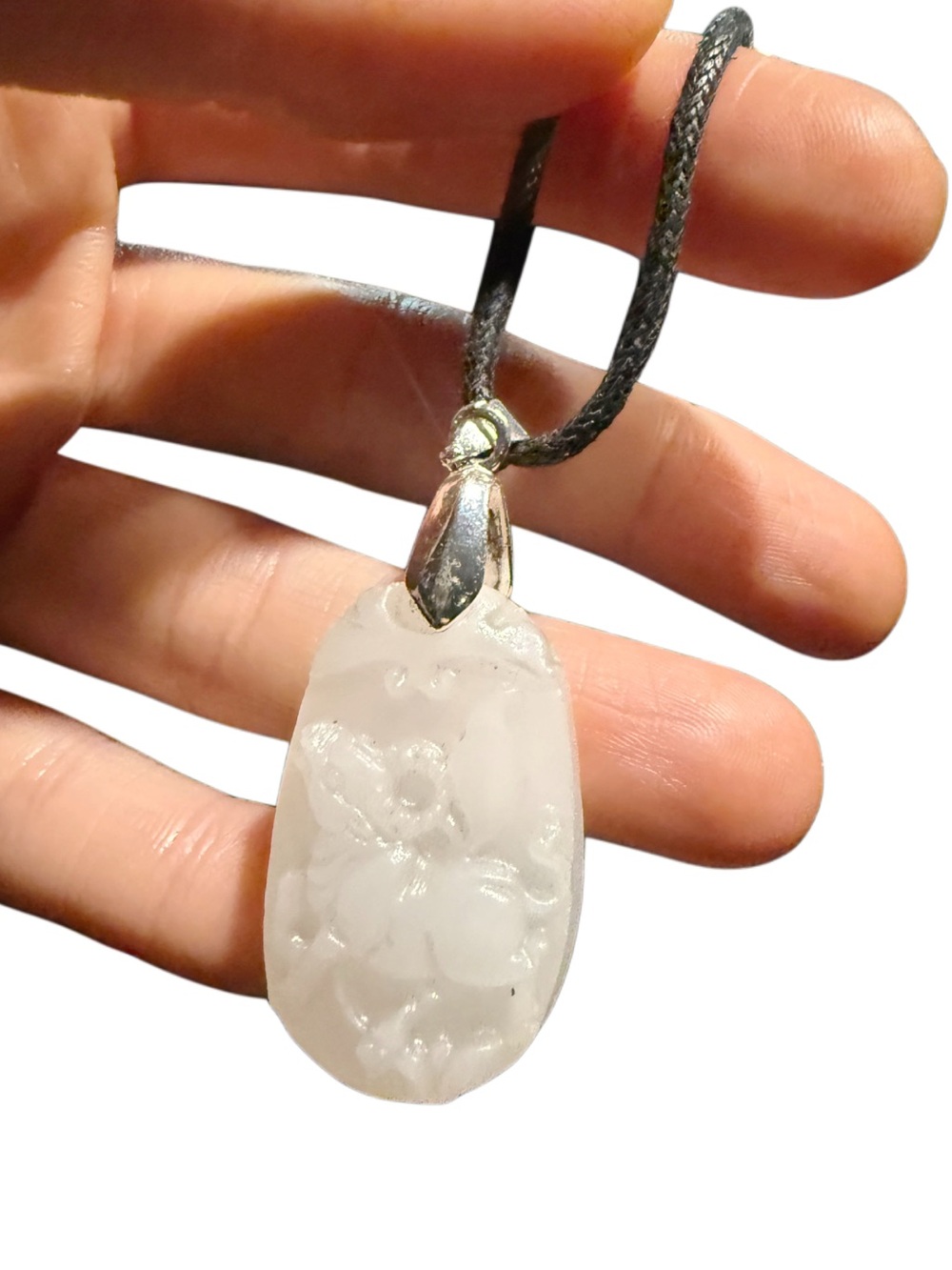 Vintage handCarved White Jade Floral Pendant Necklace on Black Cord
